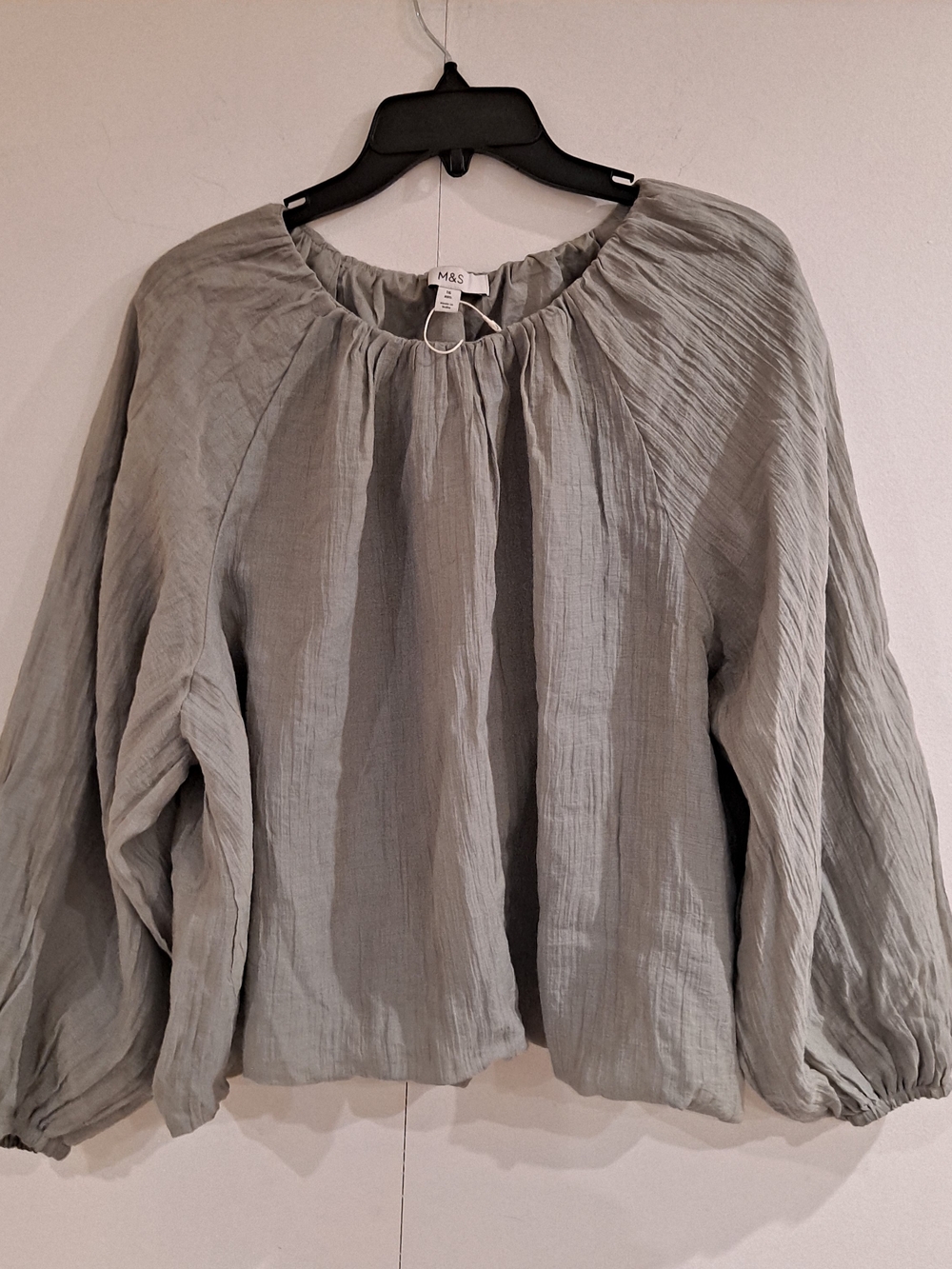 M & S Crinkled Long  Bell Sleeve Boho Cropped Blouse  Sage Green Sz 16